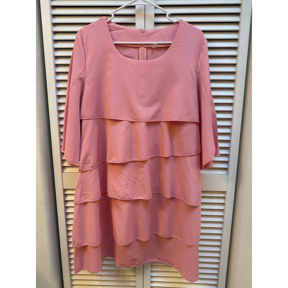 Womens Pink Tiered Ruffle Shift Dress 3/4 Tulip Sleeve Scoop Neck XL Mini Dress
